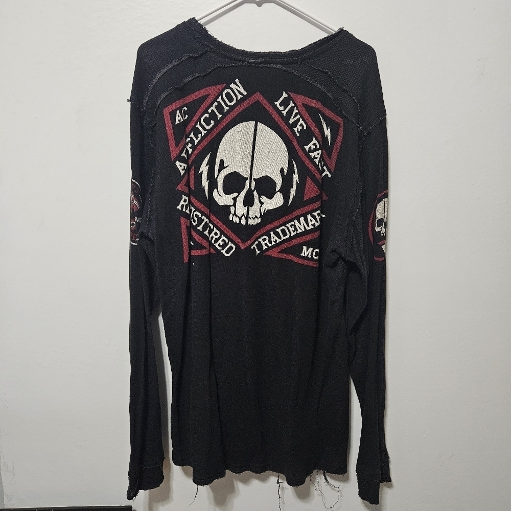 Affliction Black Long Sleeve Tee with Bold Skull Graphic